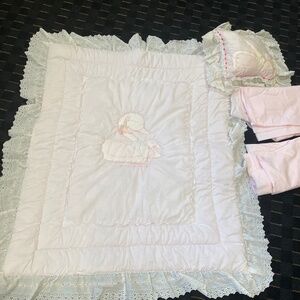 Vintage crib, quilt dust r, bag,headboard material, pillow and matching material